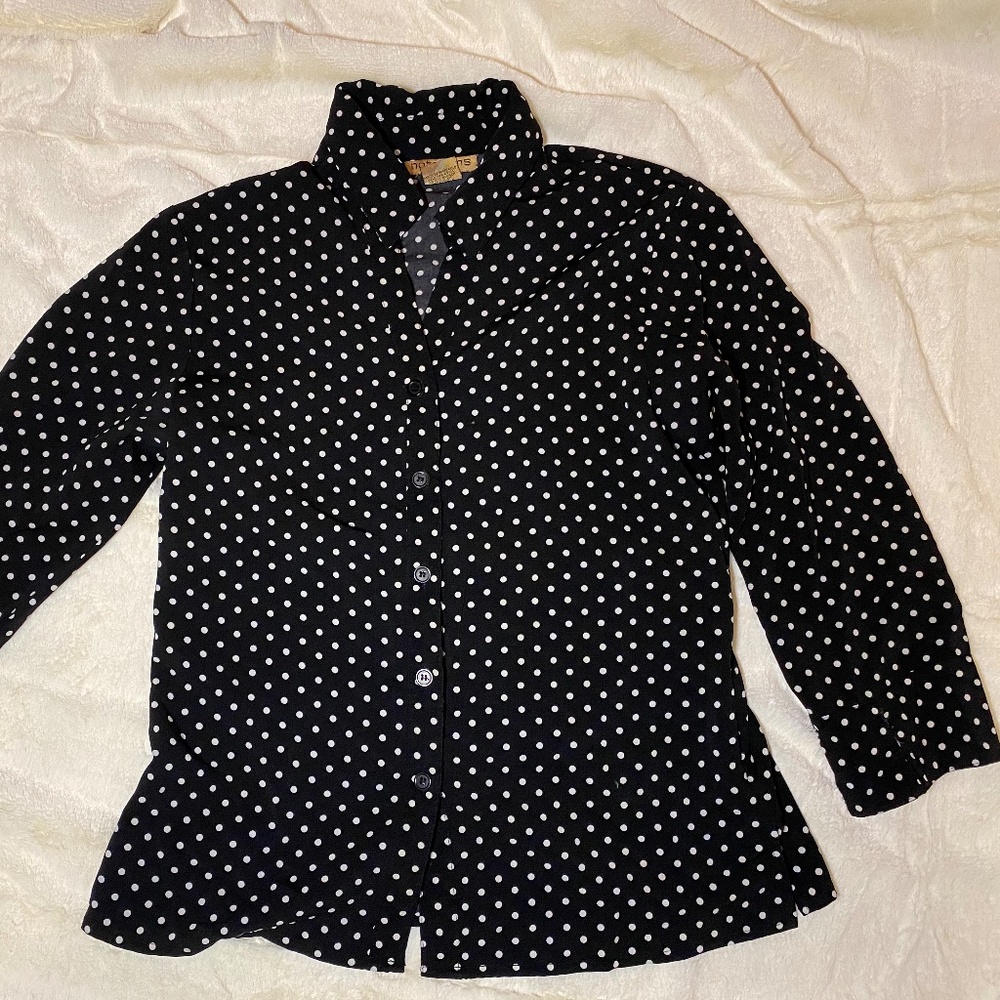 Black White Polka Dot Button Down Blouse 3/4 Sleeve Stretch Top Size S